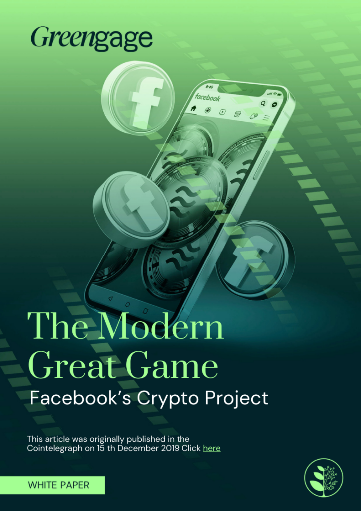 A cover image for the white paper 'The Modern Great Game Facebook's Crypto Project'. The background shows an iPhone with a Facebook post on the screen. Facebook coins surround around the phone.
