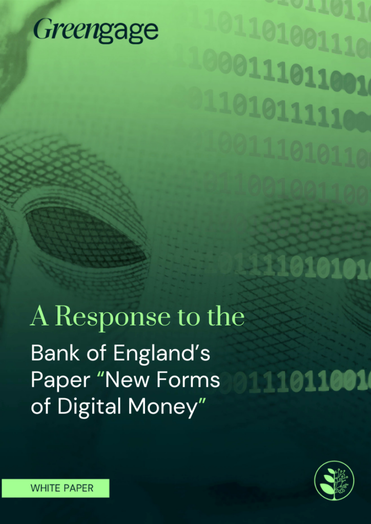 A cover image for the white paper 'A Response to the Bank of England’s Paper “New Forms of Digital Money”'. The background features lines of binary code.
