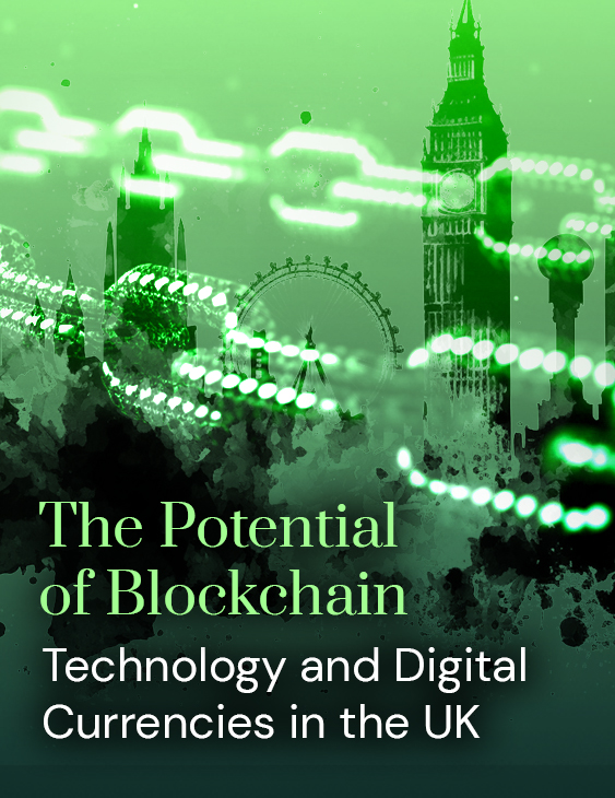 A cover image for the blog 'The Potential of Blockchain Technology and Digital Currencies in the UK'. The background shows popular London landmarks with large chains overlaid across the top.