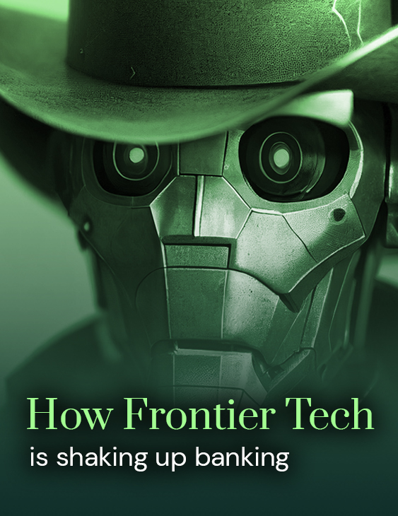 A cover image for the blog 'How Frontier Tech is Shaking Up Banking'. The background features a close up of a masked individual in a cowboy hat.