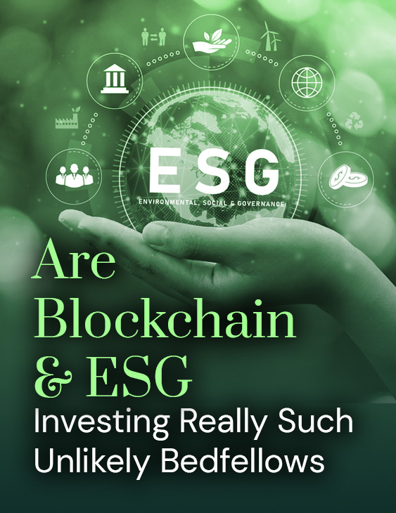 A cover image for the blog 'Are Blockchain and ESG Investing Really Such Unlikely Bedfellows'. In the background is an outstretched hand holding a digital globe titled 'ESG' with smaller icons representing people, money and more.