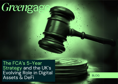 A cover image for the blog 'The FCA’s 5-Year Strategy and the UK’s Evolving Role in Digital Assets & DeFi' depicting a gavel coming down with force toward a stack of cryptocurrency coins.
