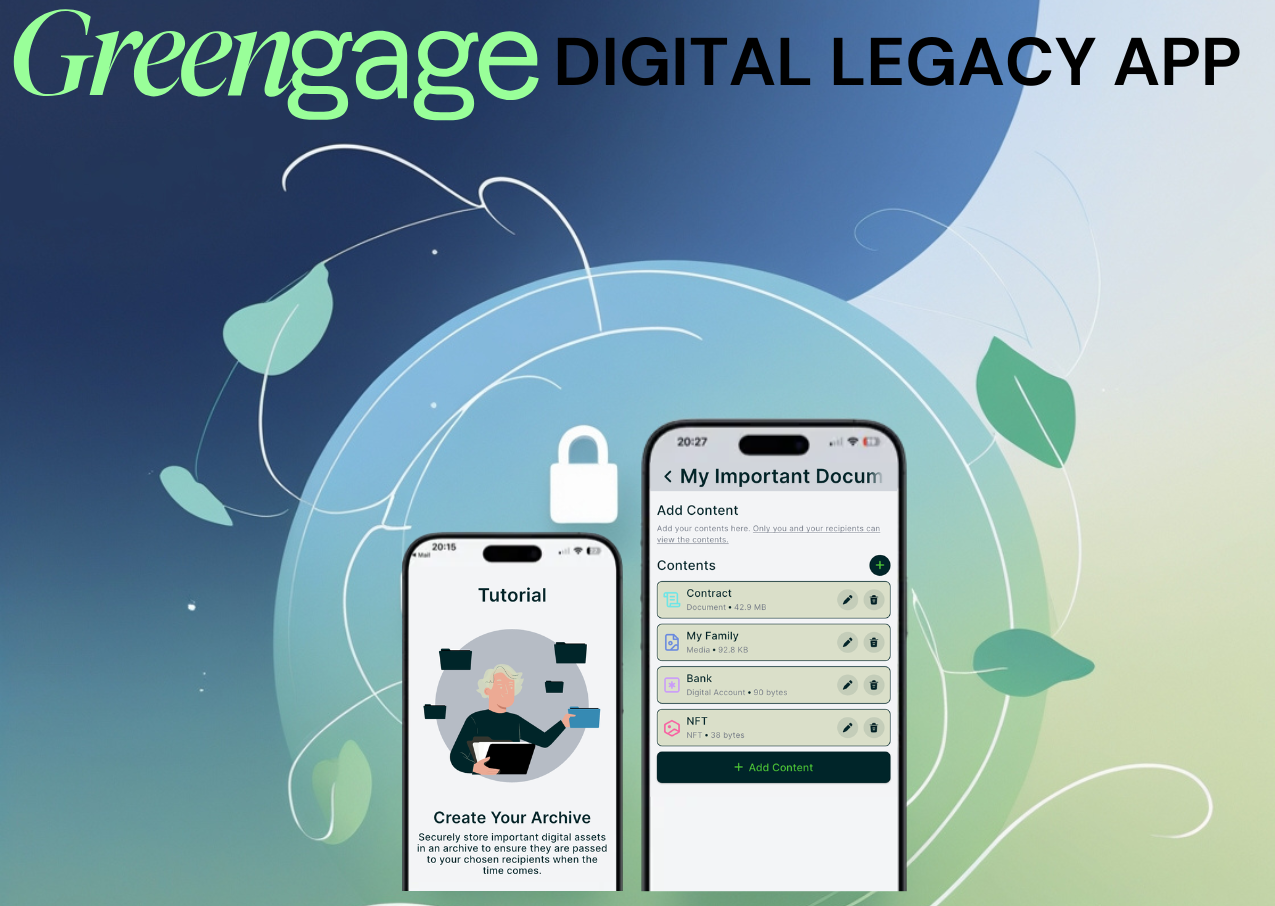An image promoting the Greengage Digital Legacy app and showing an example of how the archives are laid out within the app.